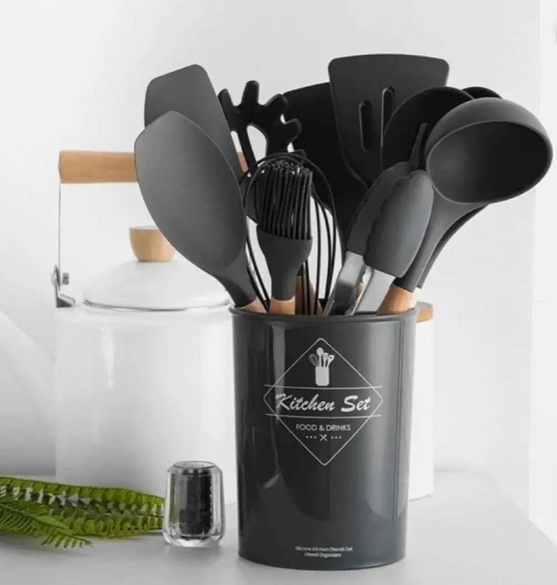 Kit C/12 Peças de Utensílios De Cozinha em Silicone com Cabo de Madeira