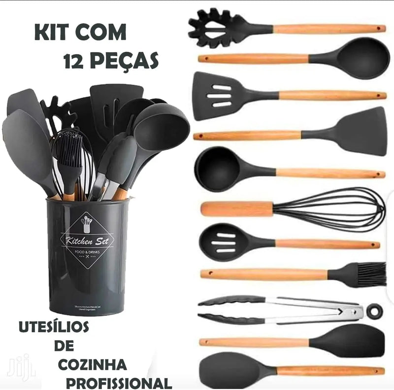 Kit C/12 Peças de Utensílios De Cozinha em Silicone com Cabo de Madeira