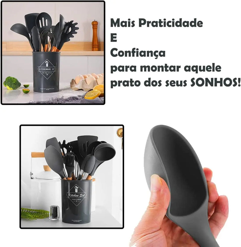 Kit C/12 Peças de Utensílios De Cozinha em Silicone com Cabo de Madeira