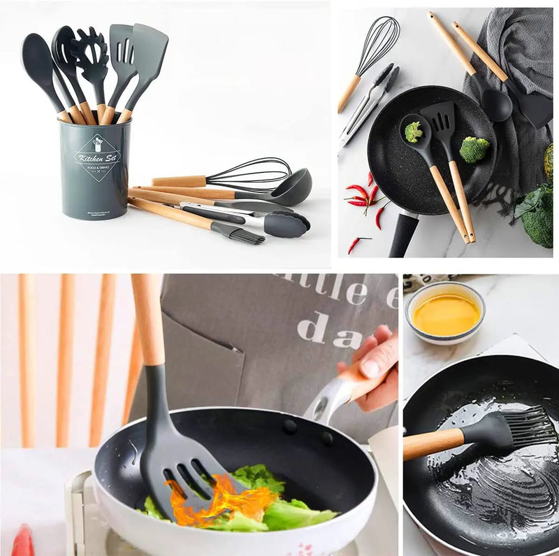 Kit C/12 Peças de Utensílios De Cozinha em Silicone com Cabo de Madeira